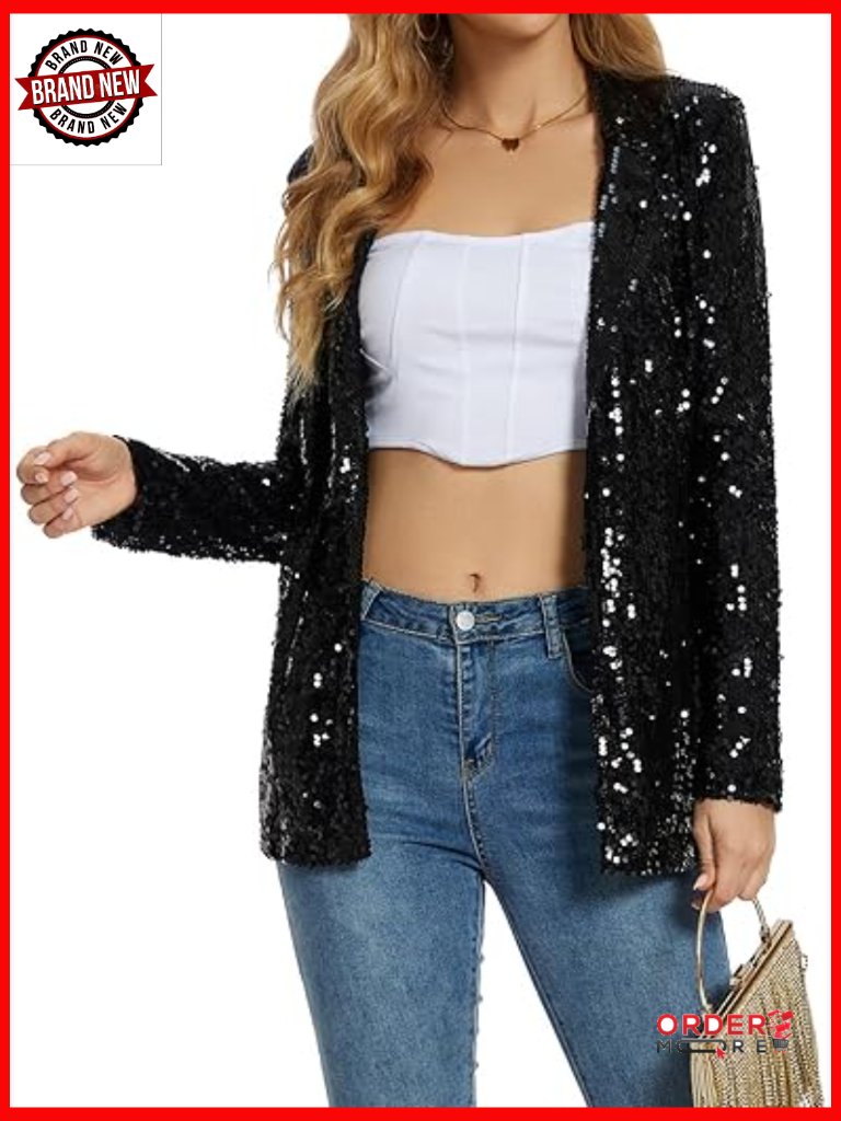 Sequin Blazer Open Front Sparkle Jacket Glitter Coat Evening Party Wear